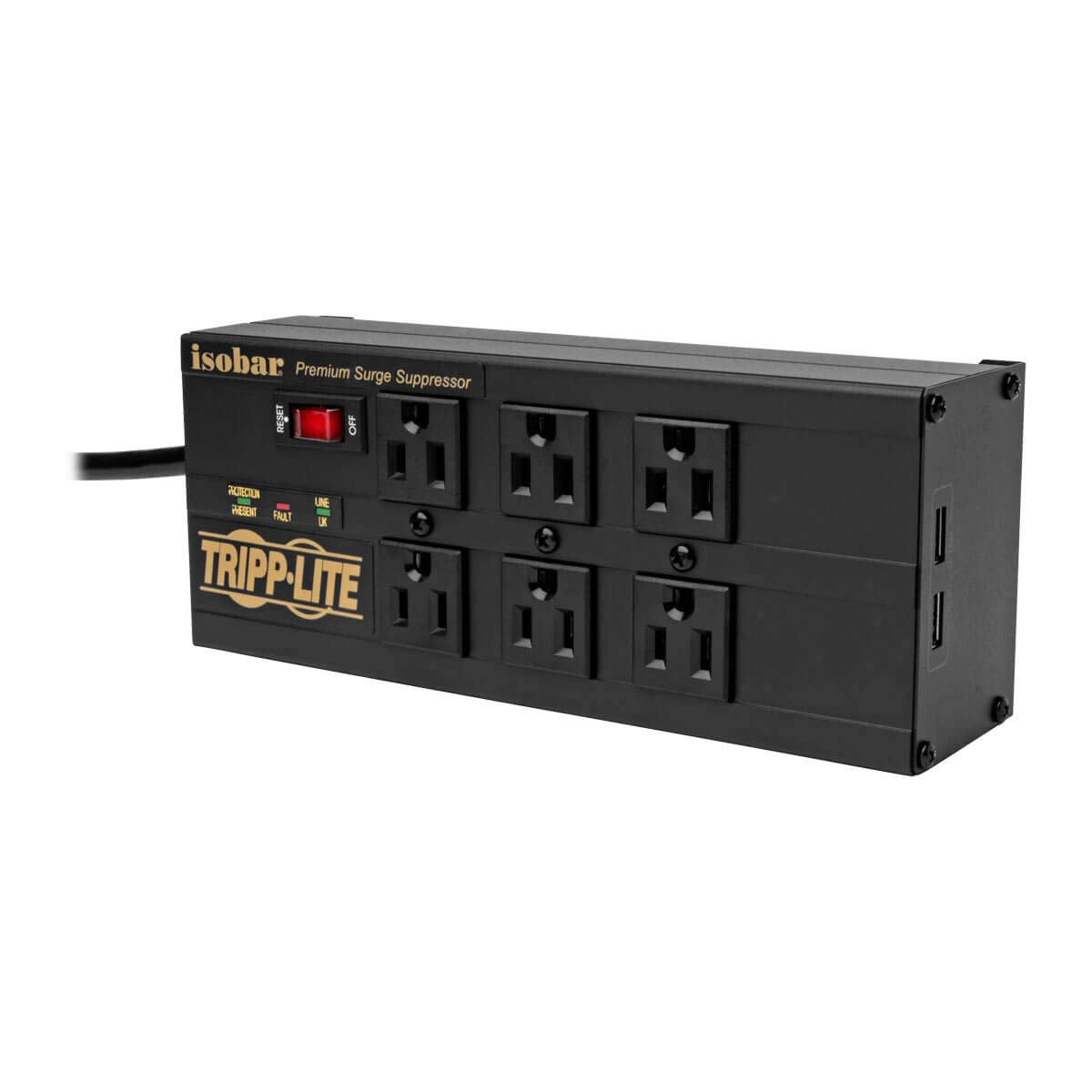 Isobar 6 Outlet Surge Protector Power Strip with 2 USB Charging Ports,10Ft Long Cord, Right-Angle Plug, Metal, 3840 Joules,Lifetime Limited Warranty & $50K Insurance (Ibar6Ultrausbb)Black