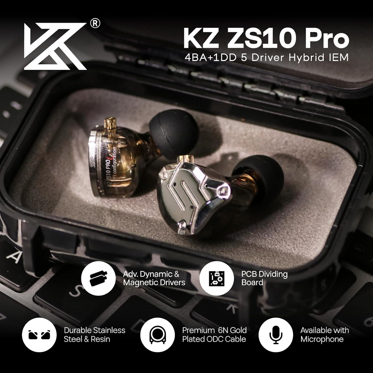 KZ ZS10 Pro in Ear Monitor Earbuds Headphone, Hifi KZ Earphone with 4BA and 1DD Drivers, KZ Upgraded ZS10 Pro with Detachable 0.75Mm 2 Pin 6N OFC Cable (Black No Mic)
