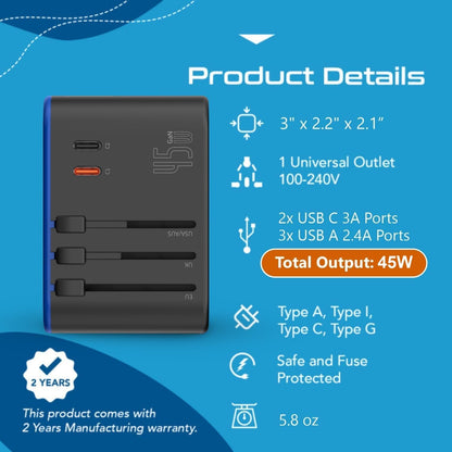 Universal Travel Adapter, 45W International Power Adapter with PD & QC 3.0 Dual USB-C, 3 USB Travel Adapter Worldwide, Type I C G a Outlets 110V 220V A/C - EU Euro US UK (11-KU)