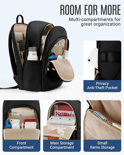 Travel Backpack for Women, 15.6 Inch Laptop Backpack with USB Charging Hole, Water Resistant College Bookbag, Large Capacity Black Computer Backpacks for Work, Black