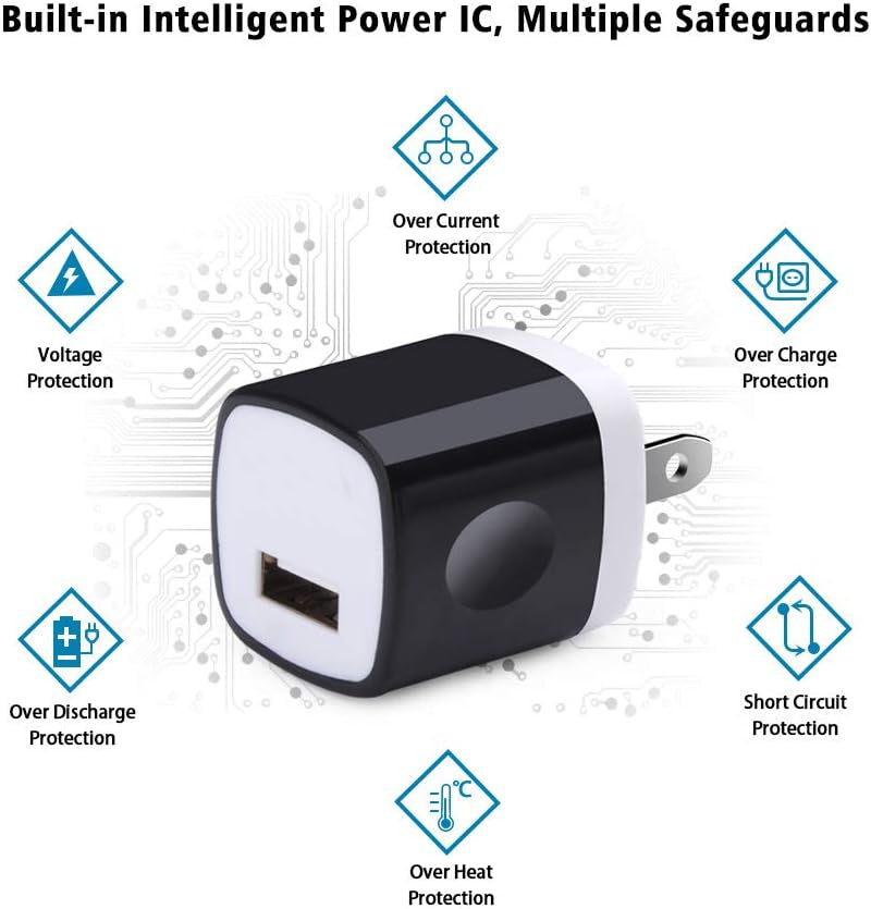 Wall Adapter, USB Wall Charger 6 Pack,  1A 5V Single Port USB Plugs Power Adapter Compatible Iphone 12 11 Xs XR X 8 7 6S 6, Samsung Galaxy A21 S10E S9 S8 Note 20 9 8 S7 Edge, G6, Google Pixel 4A